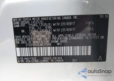 2018 Toyota Rav4 Le from USA, damaged, VIN 2T3ZFREV0JW517648